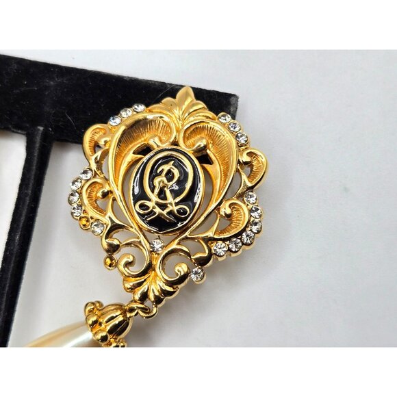 Vintage OSCAR DE LA RENTA signed clip statement earrings 2.5" dangle pearl - Picture 8 of 8